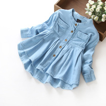 Girl Denim Shirt Spring Autumn Children Dress Children Spring blouses Korean version Chauding little girl Lining Clothes Foreign Air Trendy Spring Clothing