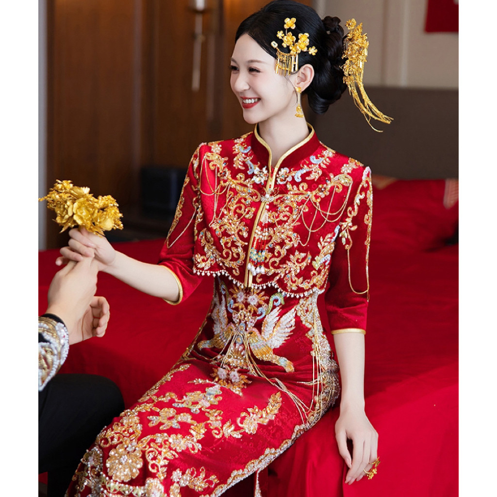 Тяжелая промышленность, платье для тостов cheongsam, новинка 2025 года, красное платье для помолвки в китайском стиле, костюм невесты из павильона, свадебное платье Xiuhe