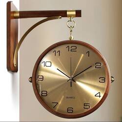 New Chinese-Style Walnut Double-Sided Wall Clock for Home, Modern Minimalist Wall-Mounted Clock, Living Room Decoration, Elegant Clock, Creative Design