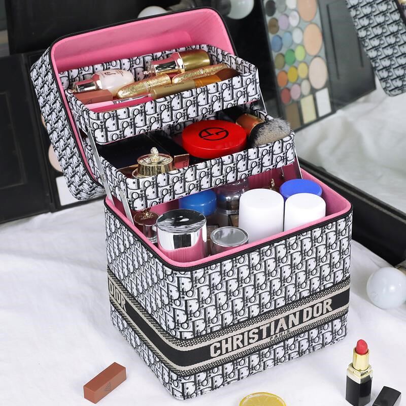 South Korea Makeup Bag Retro Printed Hand Makeup Case Double large capacity Inwind mesh Red Cosmetic Containing box