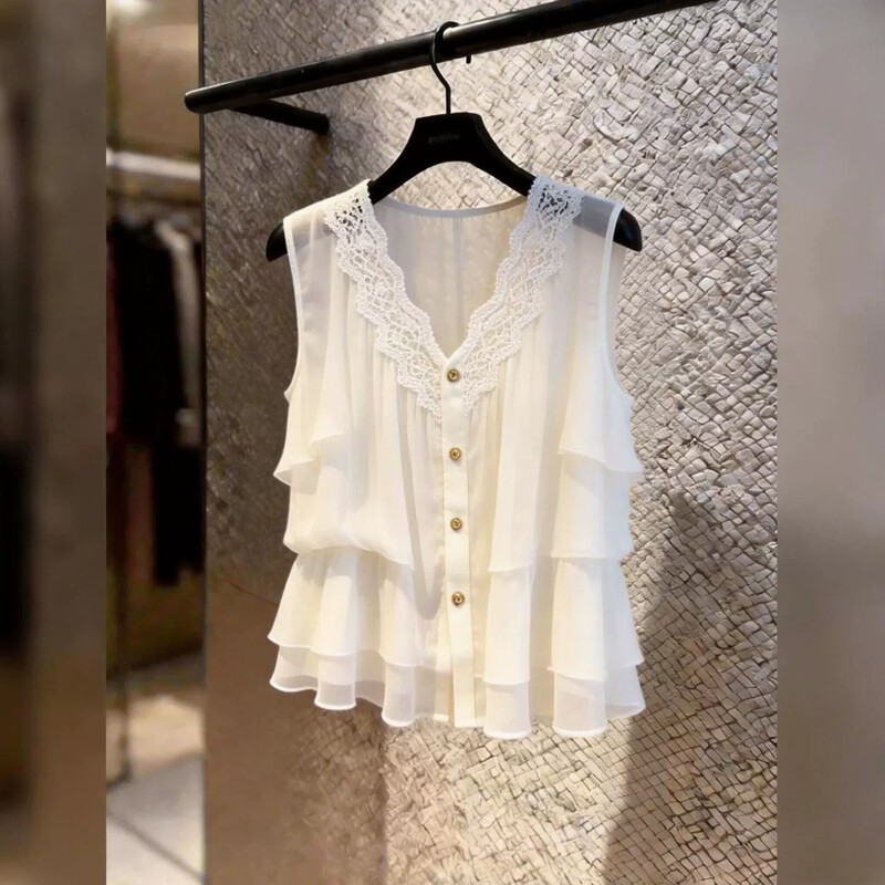 Gentle Style White Lace V-Neck Sleeveless Top for Women, Unique Design Versatile Shirt, Super Stylish and Fashionable 2026 Gentle Style White Lace V-Neck Sleeveless Top for Women, Unique Design Versatile Shirt, Super Stylish and Fashionable 2026