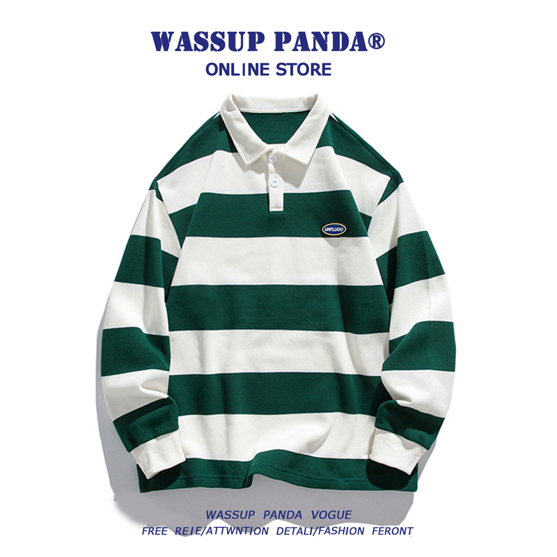 Wassup Panda American Retro Striped Polo Shirt Sweatshirt Men's Japanese Style Color-Blocking Couple Long-Sleeve T-Shirt Top