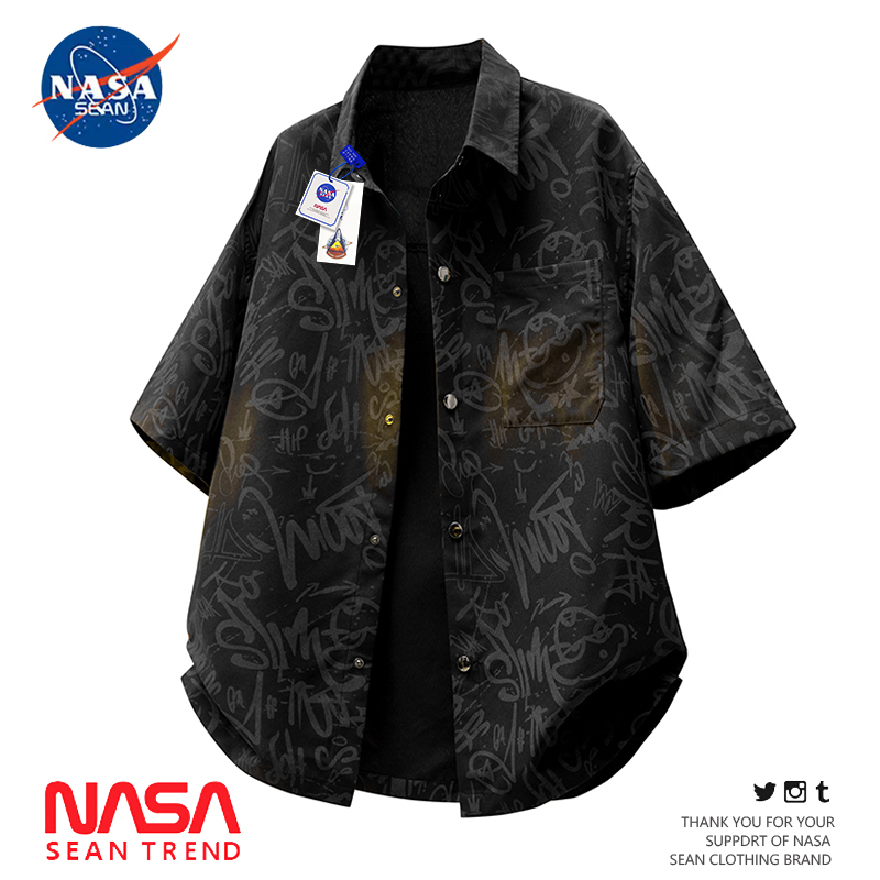 NASA共同プリント半袖シャツメンズ夏薄手アイスシルクトレンド大きいサイズゆったり半袖シャツジャケット