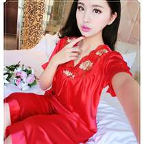 Season simulation silk pajamas Womens big red short-sleeved shorts Ice silk wedding suit Home dress plus size