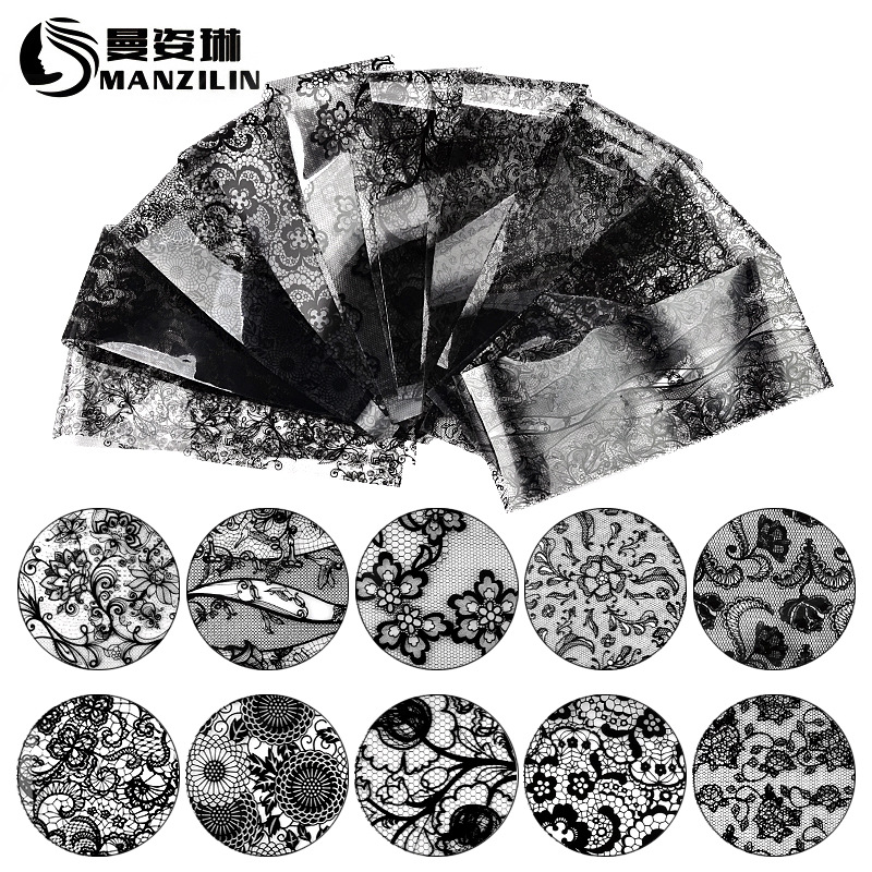 Beauty nail transfer paper Sexy black lace patterned laser nail applier with flower sticker 10 sheets of waterproof net red identical
