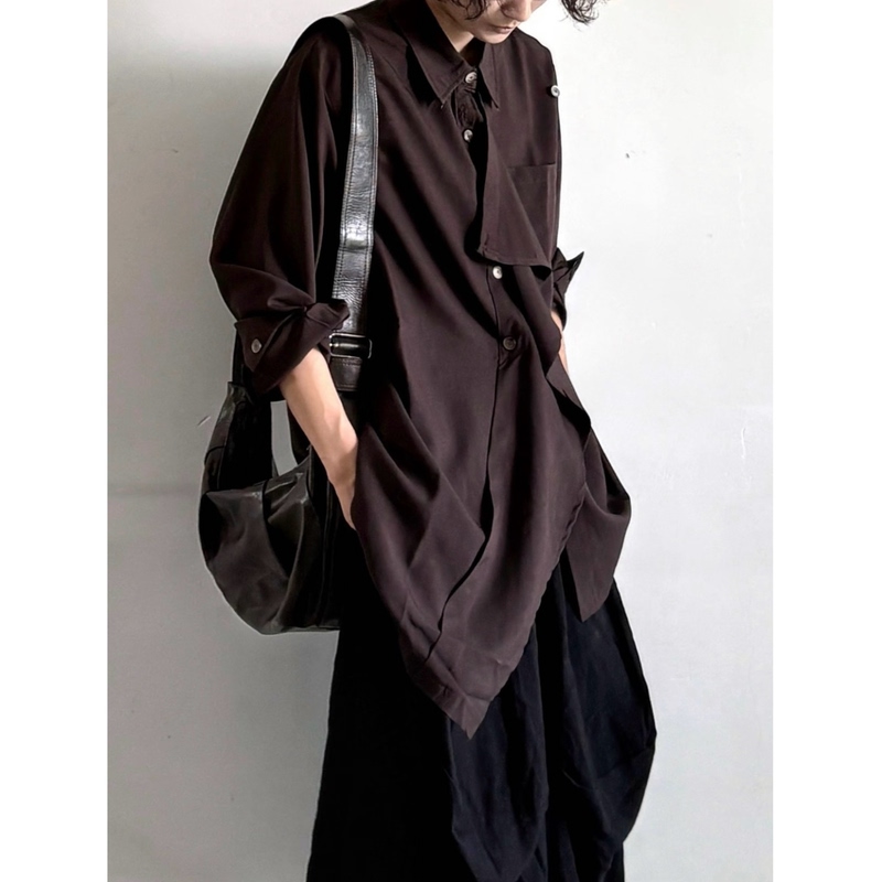 Tailor's Fish Tan Brown New Chinese Style Retro Artistic Asymmetrical Shirt with Ruffled Edges Tailor's Fish Tan Brown New Chinese Style Retro Artistic Asymmetrical Shirt with Ruffled Edges