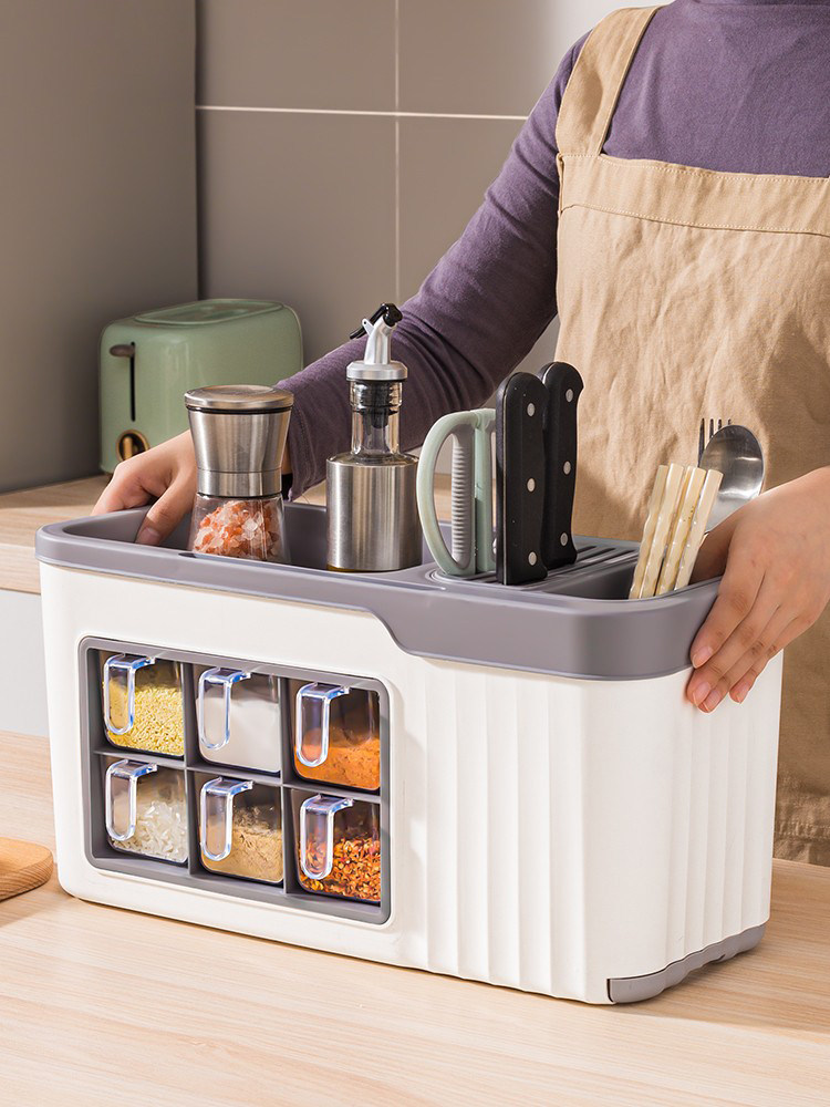 Seasoning Box Combination Set Kitchen Multi-Functional Condiment Salt Jar Seasoning Bottle Plastic Knife Holder Storage Box Shelf