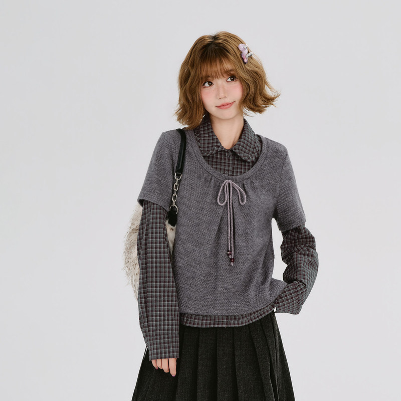 Girlyhalo American Retro Round Neck Short-Sleeved Knitwear Women's Autum New Plaid Shirt Two-Piece Top