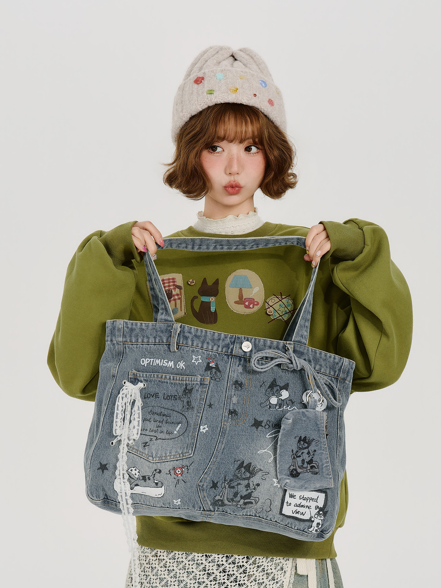 Girlyhalo Washed Denim Cartoon Graffiti Large-Capacity Crossbody Bag