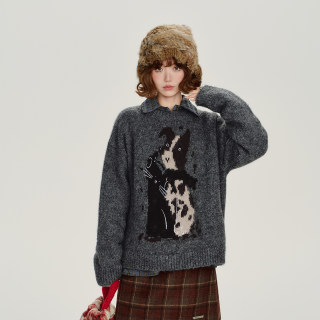 Girlyhalo american retro animal jacquard round neck knitted sweater women's autumn and winter new lazy loose top