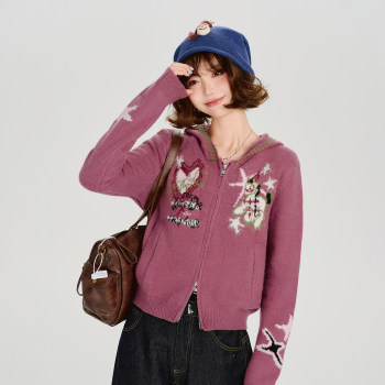 Girlyhalo american retro ອອກແບບ jacquard hooded sweater jacket ແມ່ຍິງດູໃບໄມ້ລົ່ນແລະລະດູຫນາວ cardigan ສັ້ນ knitted ໃຫມ່