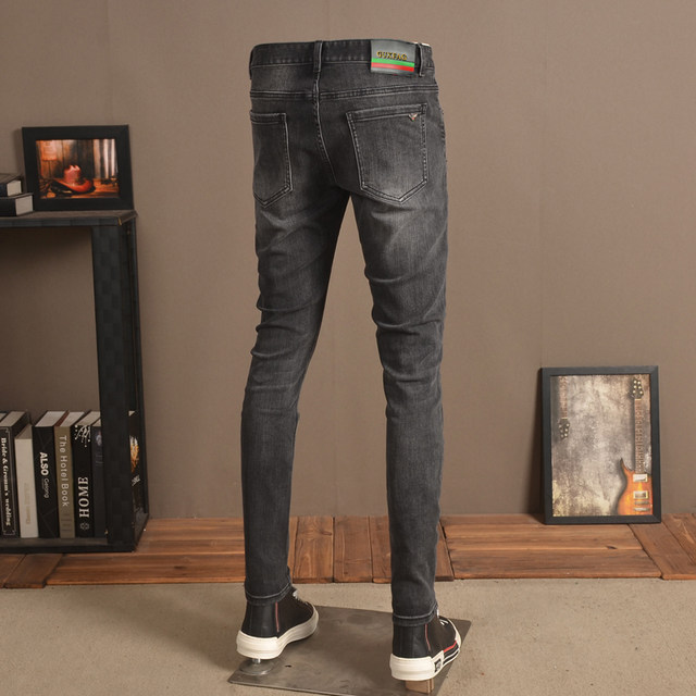 Summer Thin Black and Grey Tencel Jeans Men's Trendy Slim Fit Small Feet Elastic High-End Washed Retro Casual Pants