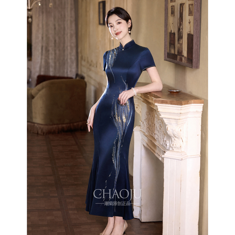 Blue Plus-Size Cheongsam Fishtail Long Dress with Embroidery, Suitable for Mother-In-Law's Wedding Banquet, Can Be Worn Casually, High-End and Elegant Blue Plus-Size Cheongsam Fishtail Long Dress with Embroidery, Suitable for Mother-In-Law's Wedding Banquet, Can Be Worn Casually, High-End and Elegant