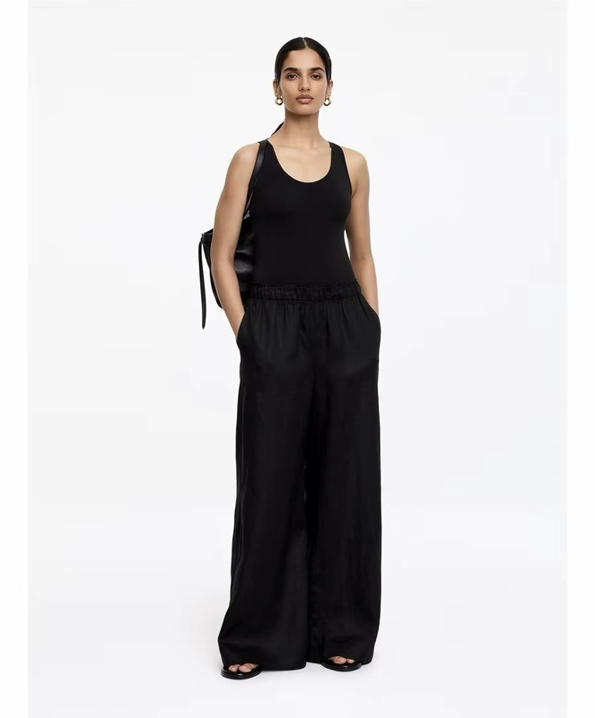 Ark Women's Linen Wide-Leg Casual Pants Black Summer New Style 1341774002
