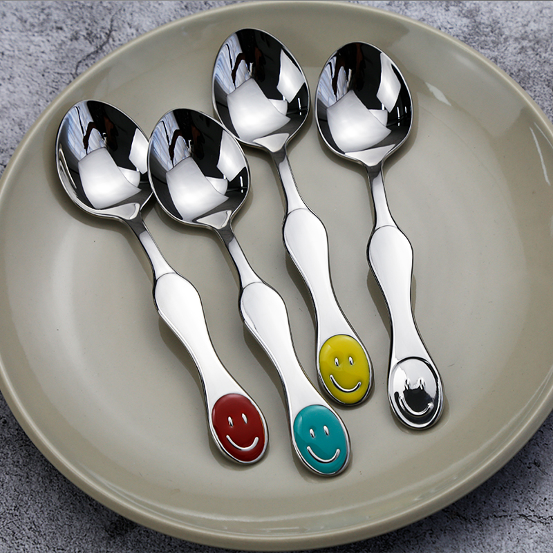 VE 304 Stainless Steel Laughs Face Children Spoon Baby Eat Spoon Drink Soup Porridge Crooked Head Practice Spoon Adult Sweet Spoon