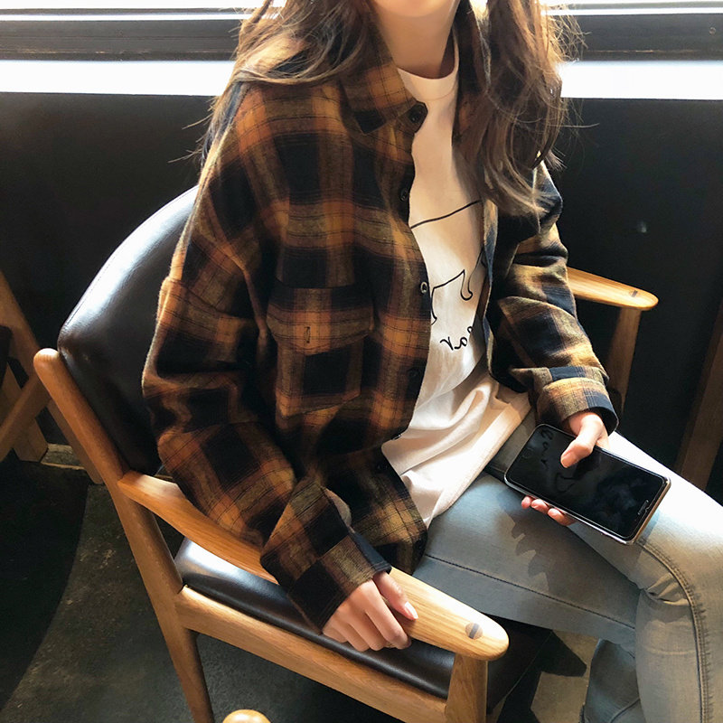 European station brushed plaid shirt women's retro Hong Kong style design niche 2022 spring, autumn and winter new tops