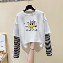 European station fake Two T-shirt womens long sleeve stripes stitching 2021 spring and autumn winter New ins tide loose jacket