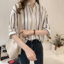 European station striped shirt female design sense niche seven-point sleeve loose top 2021 new autumn and winter chiffon shirt