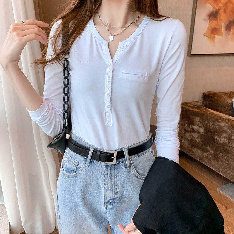European station V-neck cotton white T-shirt women's 2022 new autumn Korean version all-match long-sleeved slim bottoming shirt top