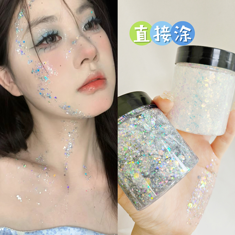 Large Bottle of Liquid Gel with Large Sequins in Silver and White for Children's Performance Stage Makeup, Glitter Powder for Eyes, Face, Hair, and Body