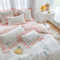  Small fresh embroidery cotton washed cotton four-piece Korean lace princess style girl heart pure cotton bedding