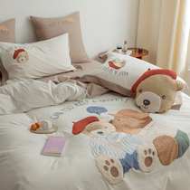  Cute cartoon bear embroidery cotton washed cotton four-piece set Student childrens cotton three-piece bedding