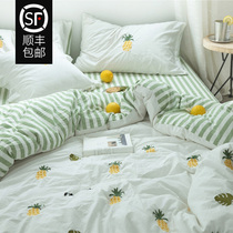 Simple cotton wash cotton four-piece set cartoon pineapple embroidery hipster cotton quilt cover sheets bedding
