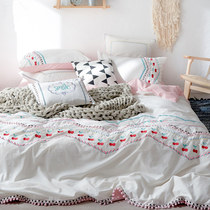 Full cotton color weave washed cotton four pieces Embroidery Cherry Male main Wind Girl Heart Net Red Ball Balls Pure Cotton Bed supplies