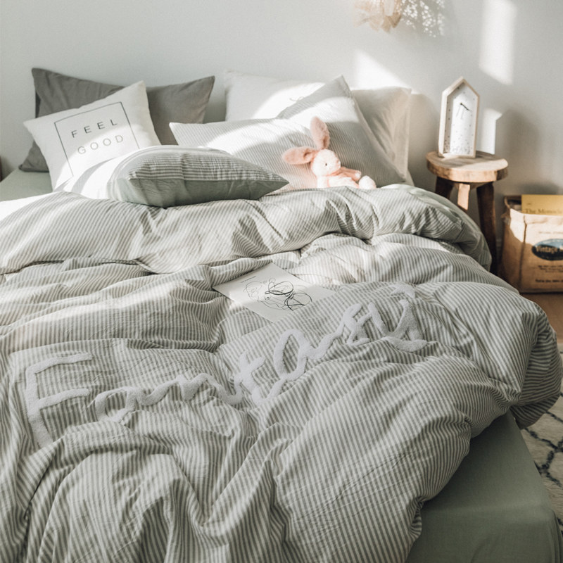 Colour loom washed cotton full cotton four sets towels embroidered striped minimalist pure cotton quilt cover bed linen bed