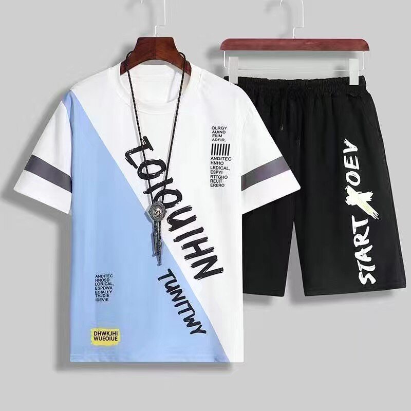 Summer short-sleeved T-shirt set for men, Ice Silk Korean style Hong Kong style cool casual sports two-piece set for summer