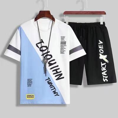 Summer short-sleeved T-shirt set for men, Ice Silk Korean style Hong Kong style cool casual sports two-piece set for summer