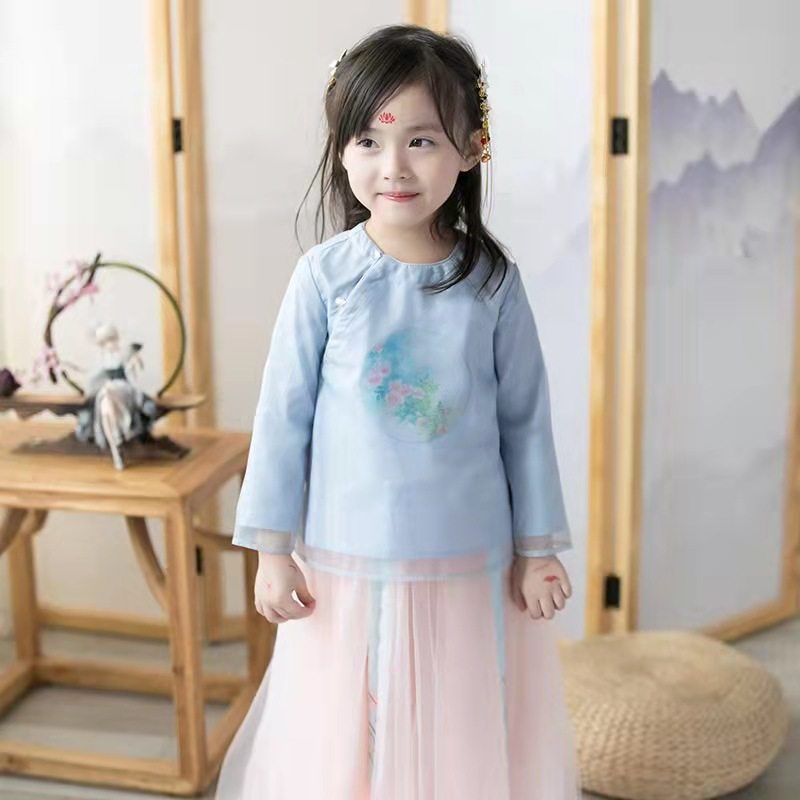 21398 Children's Jade Buckle Printed Hanfu Top Girls Chinese Style (Non-refundable, mind not to shoot