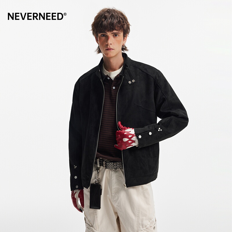 Neverneed Harrington Short Jacket for Men and Women, Autumn American Style Trendy Brand Vintage Stand Collar Suede Jacket Neverneed Harrington Short Jacket for Men and Women, Autumn American Style Trendy Brand Vintage Stand Collar Suede Jacket