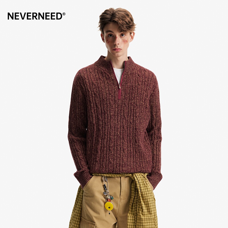 Neverneed Sheep Wool Twist-Knit Sweater for Men and Women, Winter American-Style Loose Couple Half-Zip Top Trendy