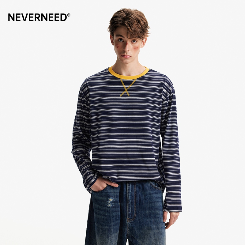 Neverneed Tencel Striped Color-Blocked Crew Neck T-Shirt for Men and Women, Autumn American Style Trendy Brand Couple Pullover Long-Sleeve T-Shirt Neverneed Tencel Striped Color-Blocked Crew Neck T-Shirt for Men and Women, Autumn American Style Trendy Brand Couple Pullover Long-Sleeve T-Shirt