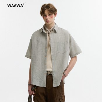 Waawa bubble yarn lapel plaid shirt for men and women Waawa bubble yarn lapel plaid shirt for men and women