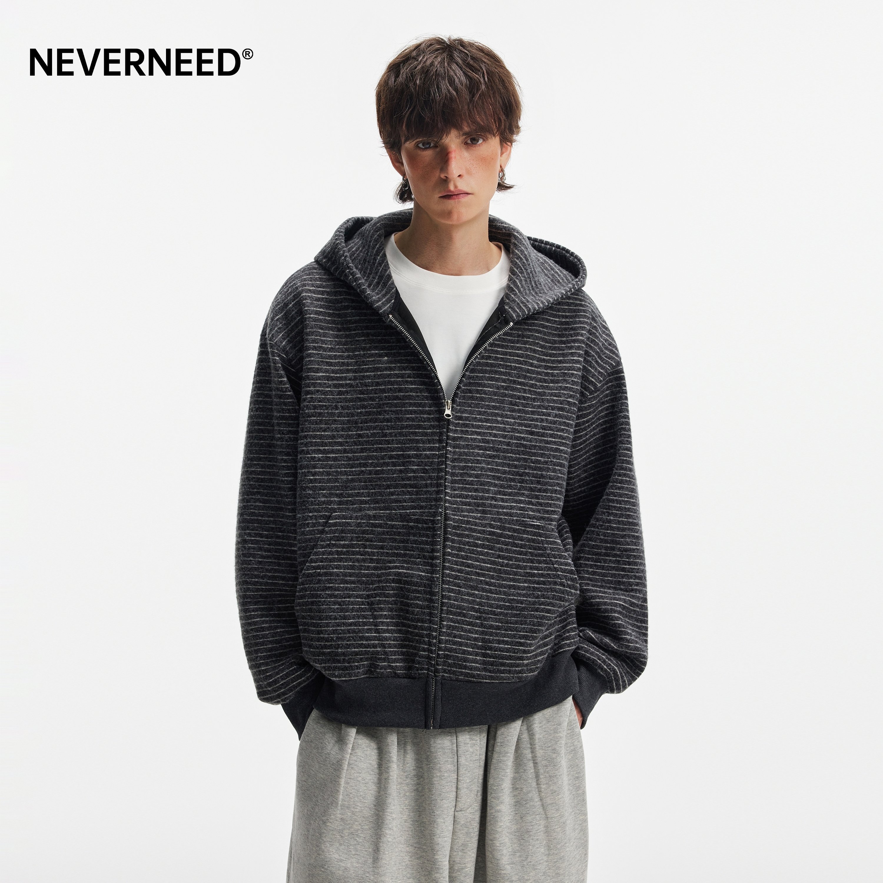 Neverneed American Retro Cleanfit Hooded Sweatshirt for Men and Women, Heavyweight Lazy Style Striped Cardigan Jacket