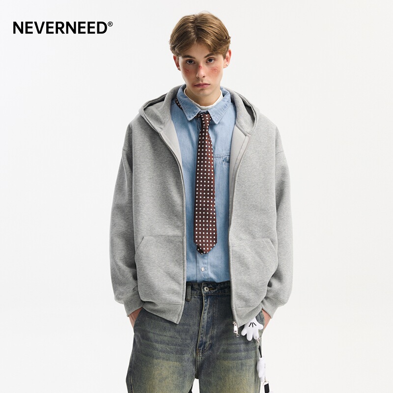 Neverneed Heavyweight Hooded Cardigan Sweatshirt for Men, Autumn American Retro Solid Color Zipper Sports Casual Jacket