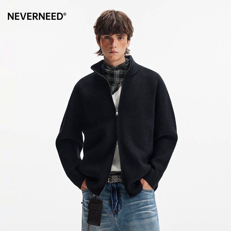 Neverneed Double Zipper Stand Collar Cardigan Sweater for Men and Women, Winter American Casual Lazy Style Knitwear Jacket