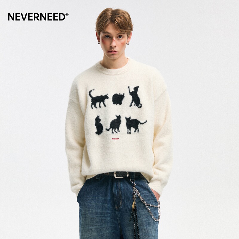 Neverneed Kitten Jacquard Round Neck Sweater for Men and Women, Autumn and Winter American Style Lazy Style Couple Pullover Knitwear Neverneed Kitten Jacquard Round Neck Sweater for Men and Women, Autumn and Winter American Style Lazy Style Couple Pullover Knitwear