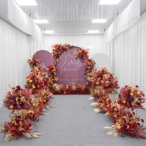 Rural Chinese wedding wedding stage welcome area T-table decoration red golden floor Flower road guide flower Flower Flower row