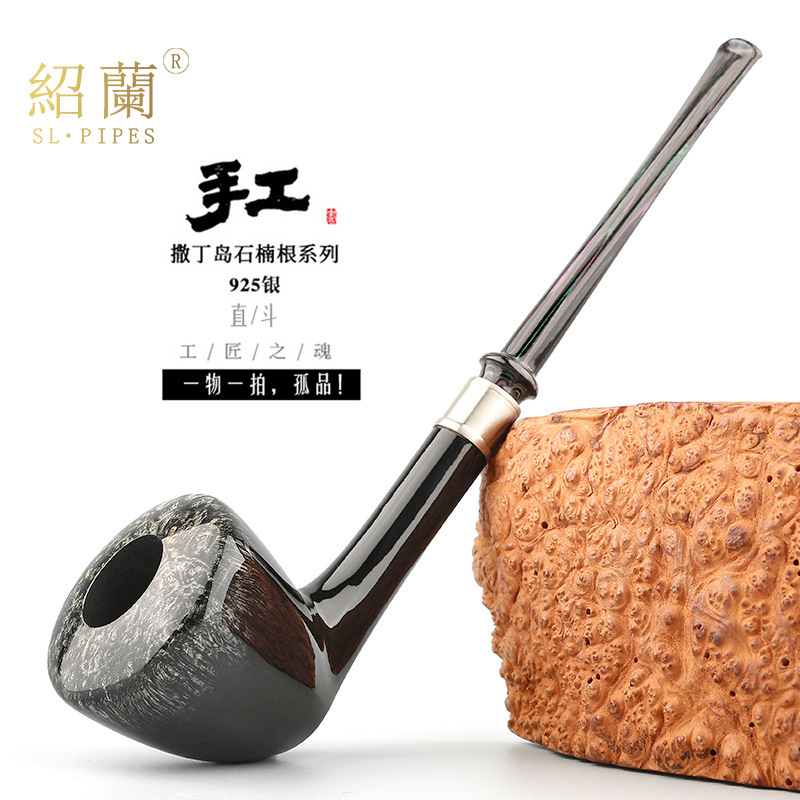 Imported Briar Wood Handmade Pipe with 925 Silver Ring, 3mm Smoke Channel, Cumberland Long Mouthpiece, Straight Pipe, Pufferfish Pipe for Men