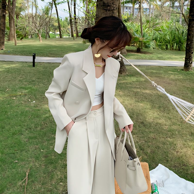 2026 Spring Professional Suit Set: Loose and Versatile Blazer + High-Waisted Slimming Wide-Leg Pants Two-Piece Trendy Set