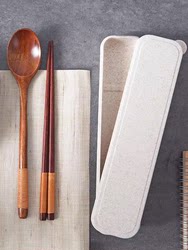 Portable Wooden Spoon and Chopstick Storage Box, Three-Piece Set, Household Long-Handled Small Spoon Cutlery Box Set J