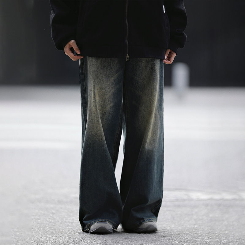 Ayudai American Retro Washed Distressed Straight-Leg Jeans for Men, Loose Wide-Leg Trendy Brand Floor-Length Casual Pants for Women