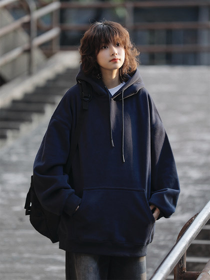 阿于呆春秋460g重磅纯色连帽简约卫衣男宽松休闲情侣内搭外套女潮