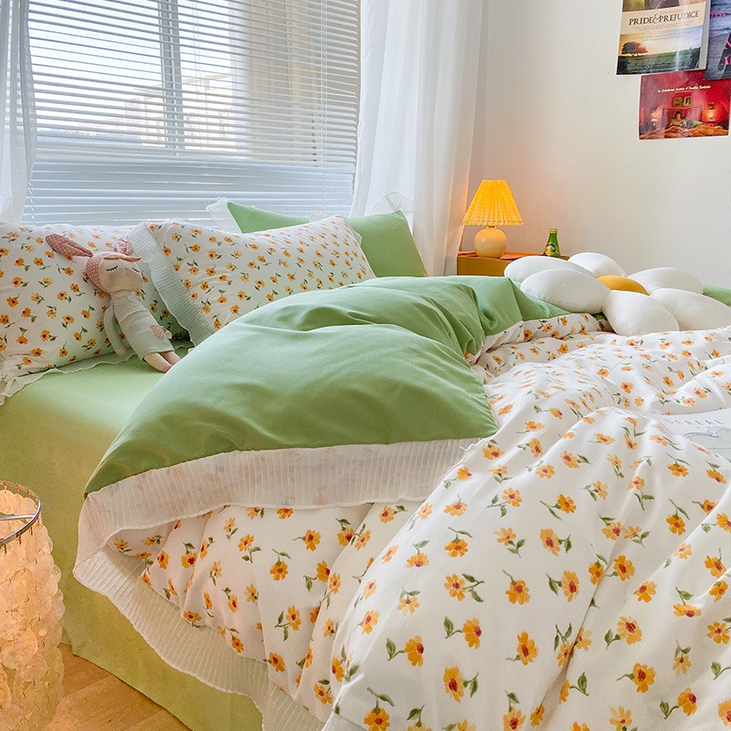 Pure cotton four-piece 2021 new trendy high-end girl small fresh cotton homestay wind bed single printing bedding supplies
