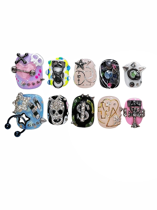 Original Color Punk Gender-Neutral Heavy-Duty Y2K Subculture Short Nails Handmade Wearable Nails Niche Studded Nail Art