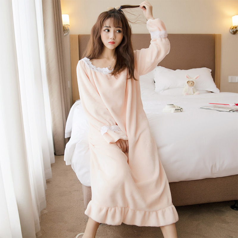 Mùa xuân và mùa thu mùa đông san hô lông cừu váy ngủ nữ dễ thương mùa đông phiên bản Hàn Quốc của váy ngủ mùa thu và mùa đông váy dài kích thước lớn đồ mặc nhà cỡ lớn