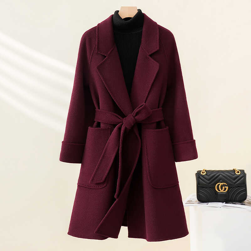 Lafite Red Double-Sided Cashmere Coat for Women, Mid-Length, 2025 Autumn and Winter New Style, Slim Fit, Woolen Coat, High-End